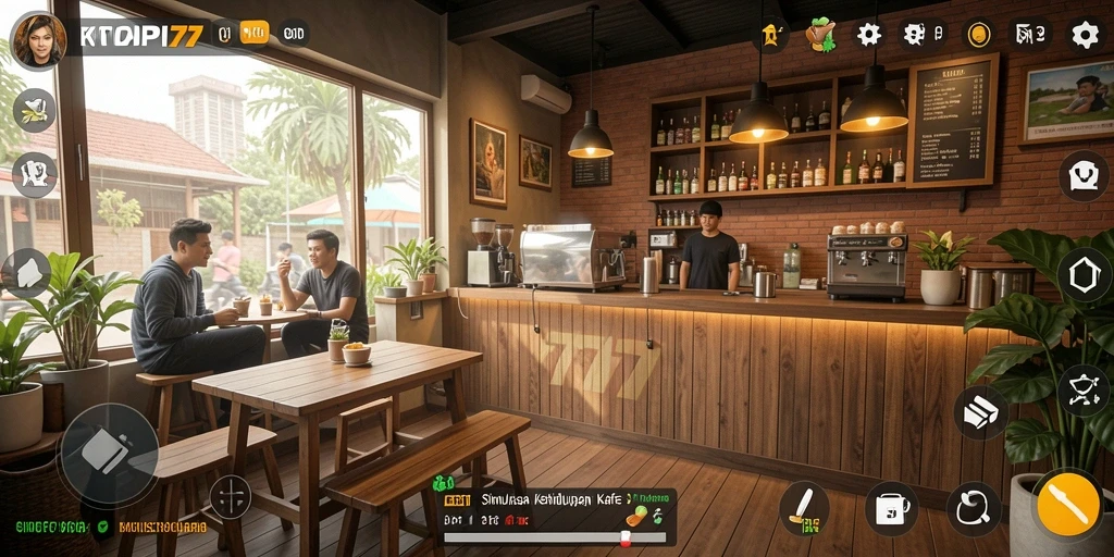 Tampilan gameplay menarik dari KOPI77 yang menampilkan suasana kafe.