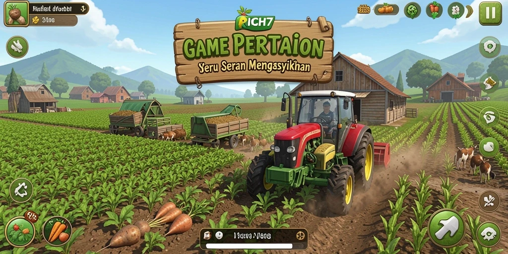 Screenshot gameplay RICH7 menampilkan perkebunan yang subur dan interaksi antarpemain.