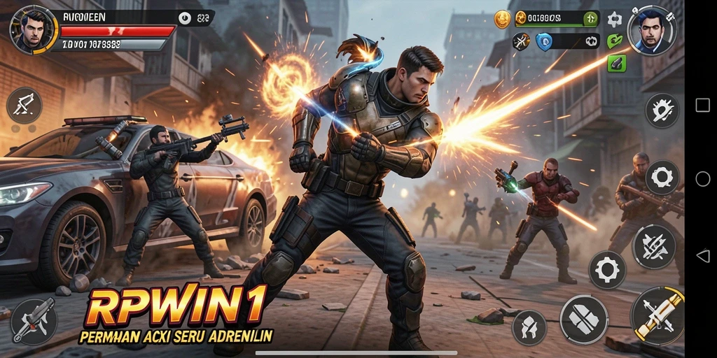 Tampilan layar menampilkan aksi pertempuran yang seru dalam RPWIN1.