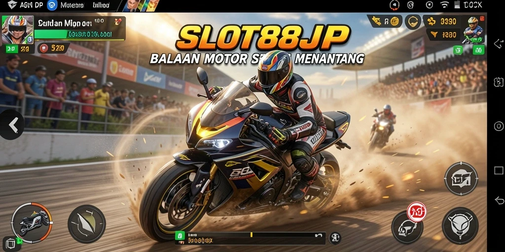 Screenshot gameplay SLOT88JP menunjukkan aksi balap motor yang mendebarkan.